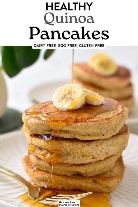 These quinoa pancakes are light, fluffy vegan pancakes made from uncooked quinoa. It's the easiest healthy pancake recipe for a vegan gluten-free breakfast naturally packed with proteins from quinoa. Gut Healthy Pancakes, Vegan Breakfast Quinoa, Quinoa Banana Pancakes, Egg Free Healthy Breakfast, Vegan Pancake Recipe Easy, Overnight Oatmeal Pancakes, Quinoa Rice Pudding, Light Vegan Breakfast, On The Go Vegan Breakfast