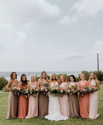 Outdoor August Wedding Colors, Peach And Terracotta Bridesmaid Dresses, Terracotta Bridesmaid Dresses And Tan Suits, Terracotta And Blush Bridesmaid Dresses, Taupe Terracotta Wedding, Taupe And Peach Wedding, Terracotta And Taupe Wedding, Summer Terracotta Wedding, Blush And Terracotta Wedding