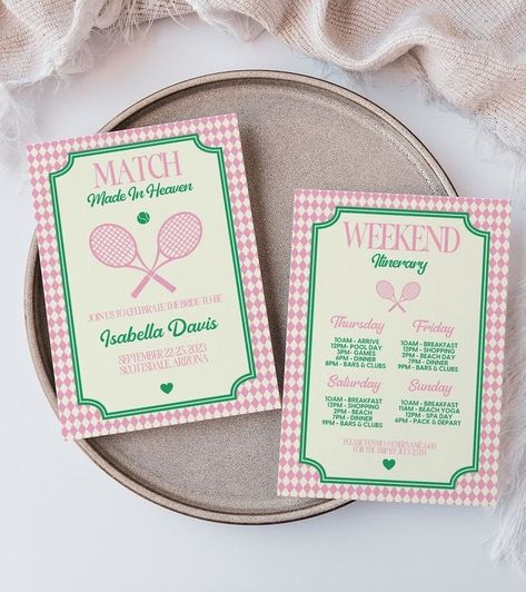 a match made in heaven themed bachelorette invitation and itinerary cards from etsy. tennis bachelorette. pink and green bachelorette. Match Bachelorette Party, Tennis Bachelorette Theme, Bridesmaids Breakfast, Tennis Bachelorette Party, Bachelorette Tennis, Match Made In Heaven Bachelorette, Bachelorette Printables, Tennis Invitation, Perfect Match Bachelorette