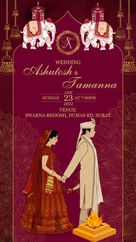 Wedding Invitation Card - Indian Wedding Card Design on Behance Indian Wedding Template Background, Indian Wedding Card Template Free, Unique Wedding Cards Indian, Kankotri Ideas, Indian Wedding Card Design, Modern Indian Wedding Invitations, Wedding Illustration Card, Hindu Wedding Invitation Cards, Indian Invitation Cards