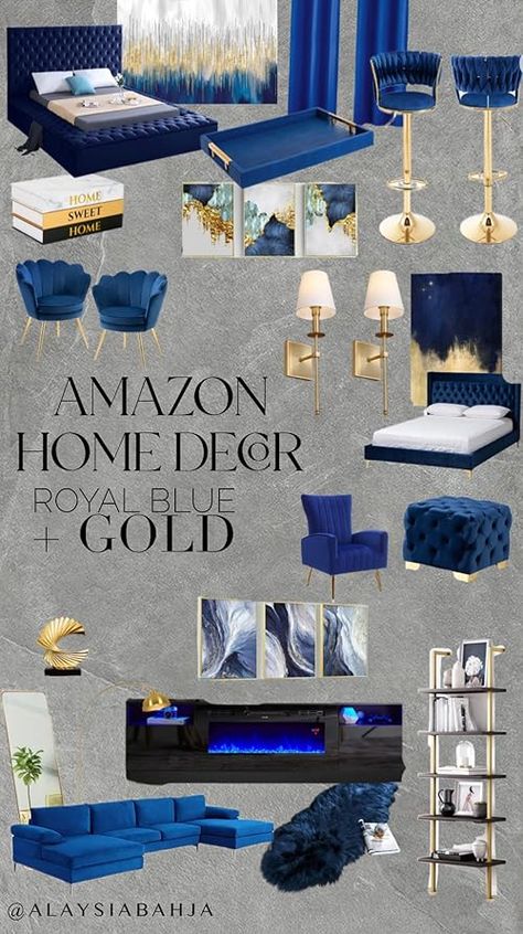 Alaysia B.'s Amazon Page Royal Blue Living Room Decor, Royal Blue Bedrooms, Blue And Gold Living Room, Blue And Gold Bedroom, Lux Decor, Teal Living Rooms, Cute Living Room, Gold Living, Classy Living Room