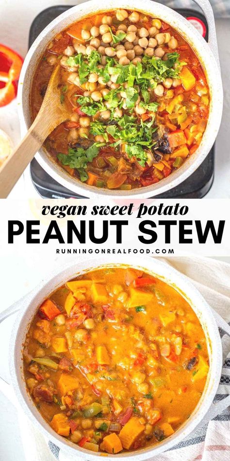 This delicious vegetable peanut stew with sweet potato and chickpeas is hearty, flavourful, and nutritious. It's vegan, gluten-free, and easy to make in 40 minutes for a healthy weeknight meal. Bean Soup With Canned Beans, Sausage Bean Soup, Bean Soup With Sausage, Vegan Stew Recipes, Soup With Sausage, Vegetable Stew Recipe, Potato Chickpea, Vegetarian Stew, Pot Making