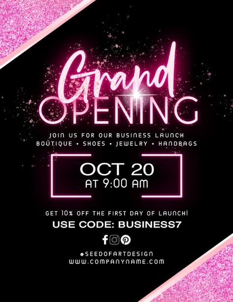 Neon Pink Glittery Grand Opening Ad Flyer, neon pink and black grand opening flyer template, business grand opening social media post, grand opening business marketing event flyer, neon sign grand opening, business company launch advertisement flyer template, business event flyers promotion discount code. Event Template Design, Event Promotion Poster, Grand Opening Invitations Design, Business Poster Design Ideas, Grand Opening Ideas, Grand Opening Poster, Business Grand Opening, Poster Spa, Grand Opening Flyer