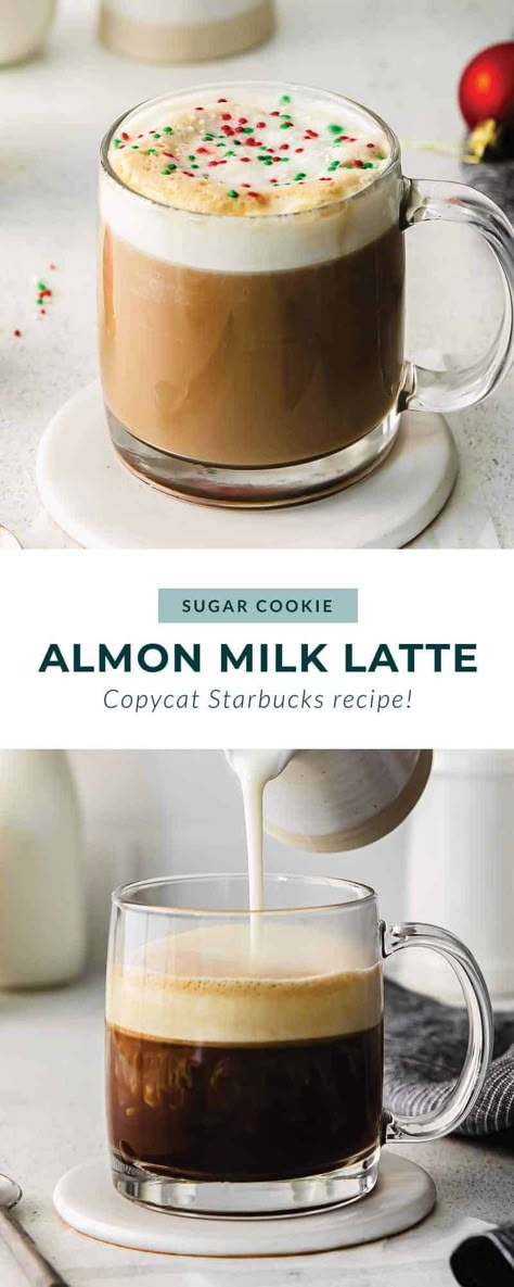 This Copycat Starbucks Sugar Cookie Almond Milk Latte can be made in your own kitchen with just a few ingredients. It tastes exactly like the one you get at Starbucks! Sugar Cookie Almond Milk Latte, Almond Milk Coffee Recipes, Starbucks Sugar Cookie, Sugar Cookie Latte, Boat Drinks, Almond Milk Latte, Coffee Syrups, Starbucks Latte, Peppermint Latte