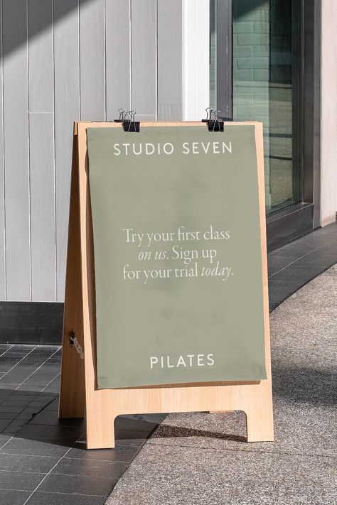 #brandidentity #pilatesstudio #mockup #sandwichboard #minimal Yoga Studio Signage, Yoga Studio Marketing, Pilates Studio Instagram Feed, Minimal Yoga Studio, Pilates Studio Design Interiors Ideas, Pilates Equipment Aesthetic, Modern Pilates Studio, Pilates Reformer Studio Design, Boutique Pilates Studio