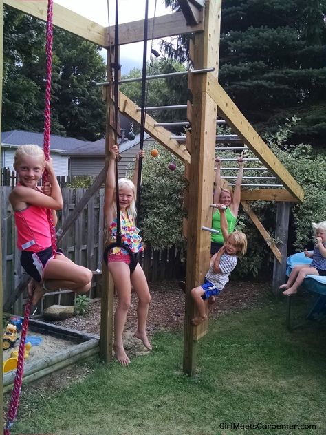 Backyard American Ninja Warrior Obstacle Course Is Fun For All Ages, By Girl Meets Carpenter Featured On @Remodelaholic American Ninja Warrior Obstacles, Kids Ninja Warrior, Ninja Course, Backyard Obstacle Course, Backyard Gym, Ninja Warrior Course, Backyard Playset, American Ninja Warrior, Diy Playground