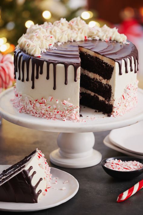 This chocolate peppermint cake is moist, fluffy, and a must-try Christmas dessert! A great Christmas recipe, this is from the cookbook 'Home for the Holidays' which is packed with holiday recipes and inspiration! Caramel Chicken, Chocolate Peppermint Cake, Peppermint Cake, Baker By Nature, Wood Cake Stand, Wood Cake, Chocolate Peppermint, Pumpkin Cheesecake, Beignets