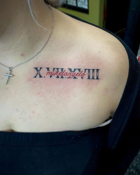 Name And Roman Numeral Tattoo, Shoulder Name Tattoo, Boyfriend Name Tattoos, Roman Numerals Tattoo, Numerals Tattoo, Datum Tattoo, Name Tattoos For Moms, Baby Name Tattoos, Tattoo For Boyfriend