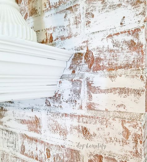 close up of painted fireplace | diybeautify.com Update Brick Fireplace, White Wash Brick Fireplace, Red Brick Fireplaces, Brick Crafts, White Brick Fireplace, Fireplace Redo, Painted Brick Fireplace, Painted Brick Fireplaces, Fireplace Update