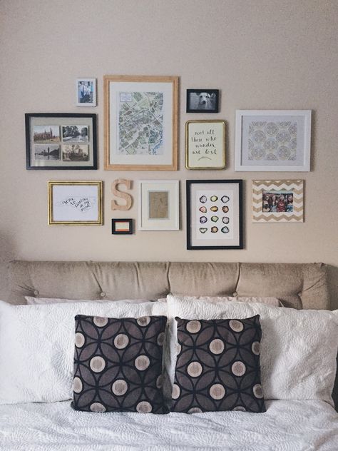 gallery wall above the bed Above Bed Gallery Wall Layout, Over The Bed Gallery Wall, Collage Wall Over Bed, Pictures Above Bed Aesthetic, Above Bed Collage Wall, Gallery Wall For Bedroom, Bed In Corner Wall Decor, Records Above Bed, Photo Wall Over Bed