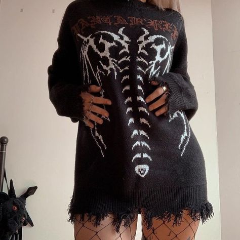 Alternative Sweater Outfit, Skeleton Sweater Outfit, Ripped Sweater Grunge, Goth Sweaters, Skeleton Outfit, Non Binary Outfits, Alt Style Outfit, Goth Sweater, Skeleton Clothes