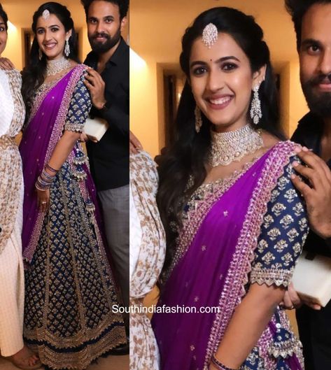 niharika konidela engagement photos 7 scaled e1597359087654 Niharika Konidela Marriage Pics, Niharika Konidela Engagement, Crop Top Wedding Dress Indian, Reception Hairstyle, Niharika Konidela, Blouse Works, Lehenga Saree Design, Indian Bridal Photos, Wedding Saree Blouse Designs