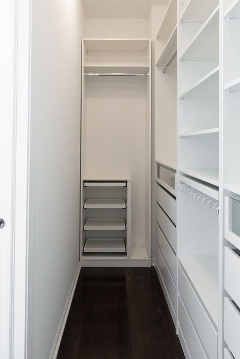 In this post, we’re sharing everything we learned building the Ikea PAX closet system, including: helpful tips for assembly ways we hacked the PAX for a custom size how to cover Ikea PAX holes alternative rod options must-have accessories Narrow Closet Design, Walk In Closet Ikea, Narrow Closet, Walk In Closet Small, Ikea Pax Closet, Pax Closet, Small Walk In Closet, Ikea Closet, Walking Closet