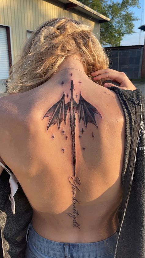 Tattoos On The Back Of The Leg, Forearm Into Hand Tattoo, Fourth Wing Back Tattoo, Bookish Back Tattoos, Throne Of Glass Back Tattoo, Acotar And Fourth Wing Tattoo, Fourthwing Tattoos, Throne Of Glass Spine Tattoo, Bookish Spine Tattoo