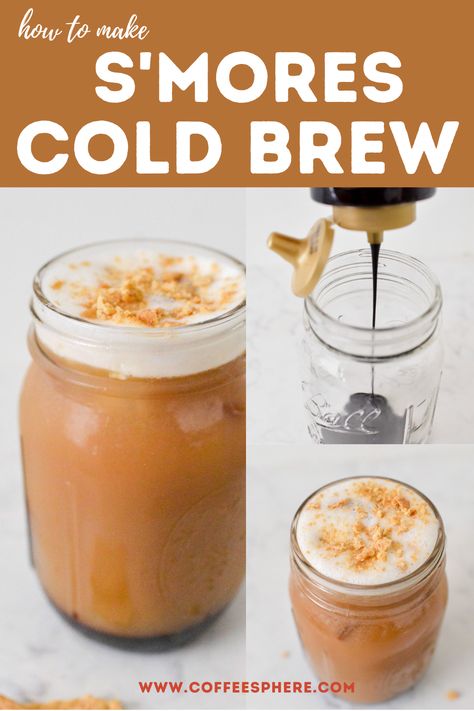 Toasted Marshmallow Cold Brew, Cold Brew Coffee Recipe How To Make Easy, S’mores Cold Brew, Cold Brew Recipes Coffee Drinks, Cold Brew Coffee Ideas, S’mores Iced Coffee, Fall Cold Brew Coffee Recipes, Cold Brew Coffee Drinks, S’mores Coffee