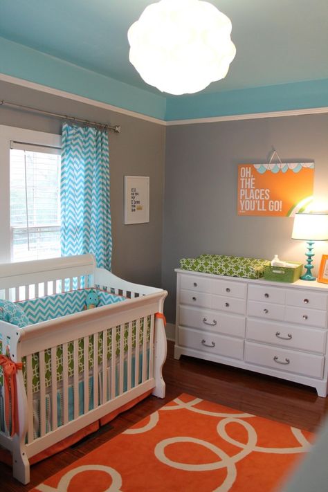 Turquoise and orange little boy's nursery.  Precious. Dr Seuss Nursery, Orange Nursery, Baby Nursery Design, Boys Nursery, Nursery Colors, Gender Neutral Nursery, Baby's Room, Nursery Inspiration, Modern Nursery