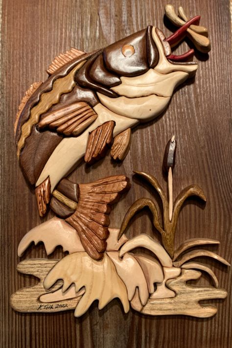 This wooden fish, jumping for lunch, is made with natural woods without stains or paints. Intarsia art that will look beautiful on your wall. Wood Carving Ideas, Arroyo Grande California, Fish Wood Carving, Wood Intarsia, Intarsia Wood Patterns, Popeye And Olive, Intarsia Patterns, Fishing Decals, Intarsia Woodworking