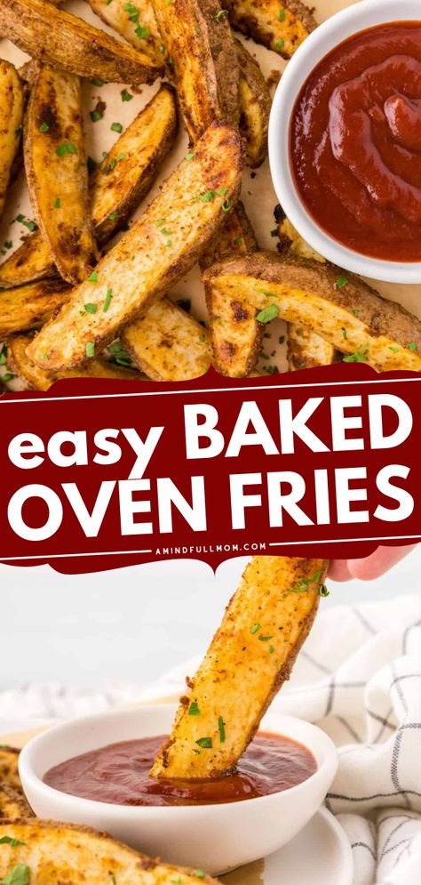 These Baked Oven Fries are a simple, fast, and affordable side dish that everyone loves. They come together quickly with just a handful of ingredients, to deliver homemade fries that are crispy on the outside, fluffy and tender on the inside, low in fat, and perfectly seasoned. Homemade Oven Fries Potato Wedges, How To Make Fries From Potatoes In Oven, Best French Fries Homemade Oven Baked, Oven Baked Potato Fries, Homemade Oven Baked Fries, Best Oven Baked French Fries, Homemade Baked French Fries Ovens, Oven Roasted Steak Fries, Frenchfries Homemade Oven