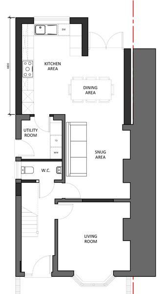 Kitchen Diner Layout, Diner Layout, Kitchen Extension Floor Plan, Cozy House Plans, 1930s Renovation, Kitchen Extension Layout, 1930s House Extension, 1930s House Renovation, Utility Kitchen