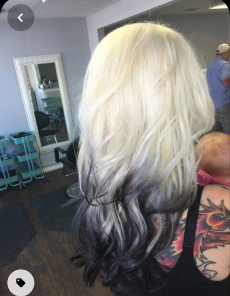 White Hair With Black Tips, Black With White Hair, White Hair Ideas, Curly Hair Coloring, White And Black Hair, Blonde And Black Hair, Grey Balayage, White Ombre Hair, Reverse Ombre Hair