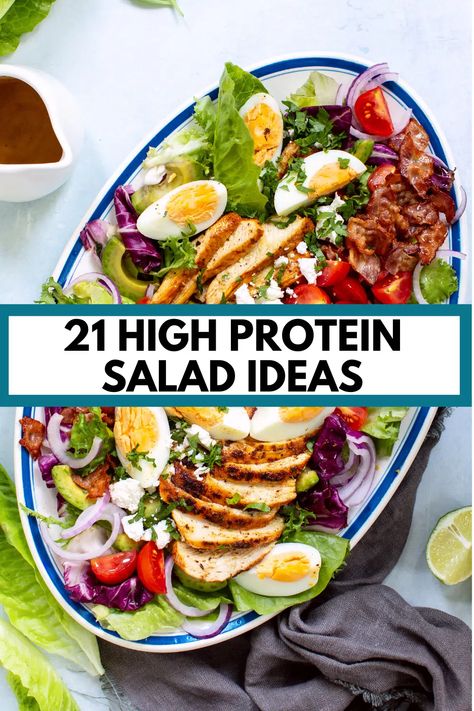 Protein Salads Recipes For Dinner, Fresh Protein Salad, Low Carb High Protein Salad Recipes, 500 Calorie Salads, Salad Ideas Protein, High Protein Spinach Salad, Protein For Salads Lunch Ideas, Salad Lunches For Work, Balanced Salad Recipe