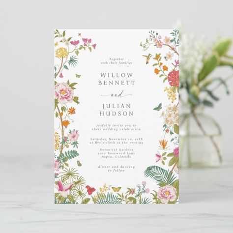 Popular Wedding Invitations, Wedding Invitation Elegant, Elegant Floral Wedding, Bright Wedding Colors, Botanical Wedding Invitation, Colorful Wedding Invitations, Yellow Wildflowers, Pink Azaleas, Romantic Garden Wedding