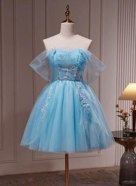 Dreamy Light Blue Off-Shoulder Cocktail Dress Prom Dresses Short Blue, Blue Homecoming Dress, Beaded Formal Dress, Mini Homecoming Dresses, Professional Dress, Blue Homecoming Dresses, Marine Uniform, Blue Tulle, Beaded Prom Dress