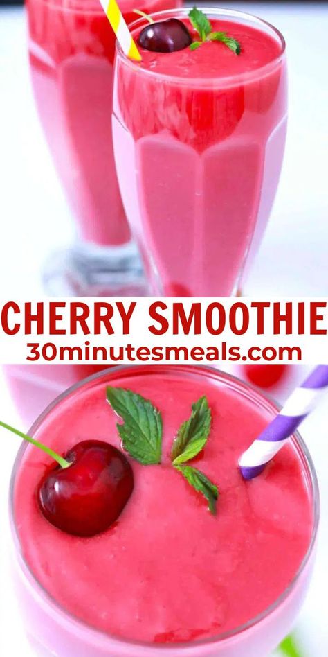 Cherry Smoothie is fast and easy to make in just a few minutes with a handful of ingredients. #cherry #smoothie #drink #breakfast #easyrecipe Easy Beverages, Cherry Smoothie Recipes, Drink Breakfast, Cherry Drink, Cherry Smoothie, Drink Recipes Nonalcoholic, Smoothie Drink Recipes, Delicious Drink Recipes, Frozen Cherries