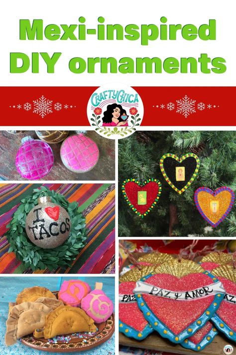 Check out this list of handmade ornaments, many of them with a Mexi-theme! Mexican Tin Ornaments Diy, Hispanic Christmas Decorations, Mexican Ornaments Diy, Mexican Theme Christmas Tree, Diy Mexican Christmas Ornaments, Mexican Christmas Decor, Mexican Ornaments, Mexican Christmas Decorations, Tin Ornaments