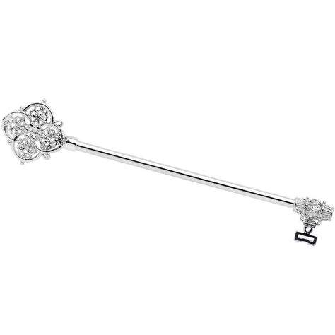 This 14 gauge barbell industrial has a delicate look that's so light and airy you won't be able to resist.....but don't be fooled! It's made with a 1 1/2" durable 316L surgical grade stainless steel straight barbell. One end is the key's bow with interlacing filigree swirls for a graceful appearance. The other end is the key's bit, with a simple barrel shape and openwork oblong embellishment. This helix barbell is sure to unlock the power of your piercing!Specifications: 14 Gauge (1.6mm), 1... Industrial Bar Earring, Dermal Piercing Jewelry, Industrial Bar Piercing, Industrial Earrings, Industrial Piercing Jewelry, Types Of Ear Piercings, Ear Piercings Helix, Jewelry Promotion, Barbell Piercing