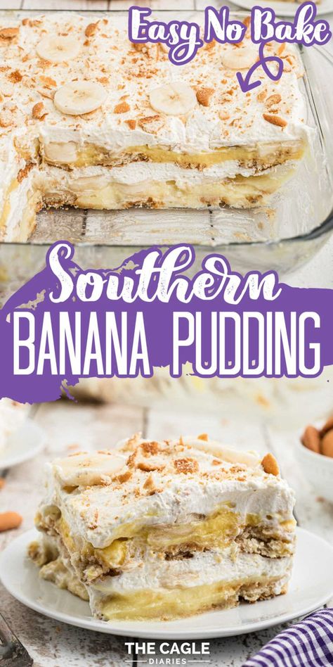 This southern banana pudding is so easy it should be a crime. Really simple ingredients, no bake required. A southern banana pudding recipe that you can assemble in 10 minutes. It's rich and creamy with layers of bananas, chantilly cream, vanilla wafers and two types of pudding - banana cream and French vanilla. There's so much flavor in this easy banana pudding recipe. Different Banana Pudding Recipes, Banana Pudding Dolly Parton, Banana Pudding With Caramel Sauce, Bababa Pudding, Boozy Banana Pudding, Joanna Gaines Banana Pudding, Chessman Banana Pudding Recipe, Bannan A Pudding Home Made, Bannan Pudding Dessert