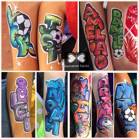 Graffiti names face painting Graffiti Face Paint, Graffiti Face, Face Paint Set, Paint Board, Graffiti Nails, Paint Graffiti, Graffiti Names, Arm Art, Painted Faces