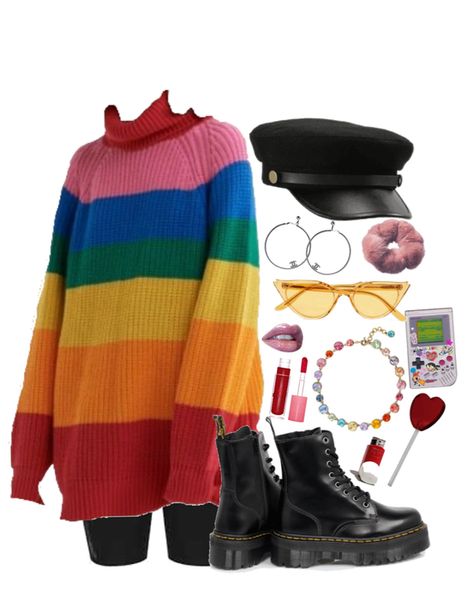 Aesthetic Rainbow Outfits, Rainbow Aesthetic Fashion, Rainbow Grunge Outfit, Pride Theme Outfit, Rainbow Winter Outfit, Pride Week Outfit, Rainbow Inspired Outfits, Rainbow Alt Outfits, Rainbow Academia Outfits