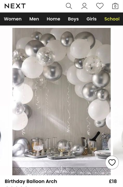 Silver Balloon Arch, Silver Anniversary Party, White Balloon Arch, Birthday Balloon Arch, 60th Birthday Ideas For Mom, Silver Party Decorations, Birthday Decorations At Home, 25th Anniversary Party, Simple Birthday Decorations