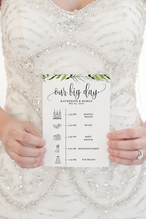 Printable Wedding Itinerary Template Card Timeline Greenery Welcome 100% editable Templett - Melissa Vineyard Wedding Invitations, Wedding Itinerary Template, Holi Poster, Bohemian Wedding Invitations, Wedding Schedule, Creative Wedding Invitations, Wedding Itinerary, Traditional Wedding Invitations, Formal Wedding Invitations