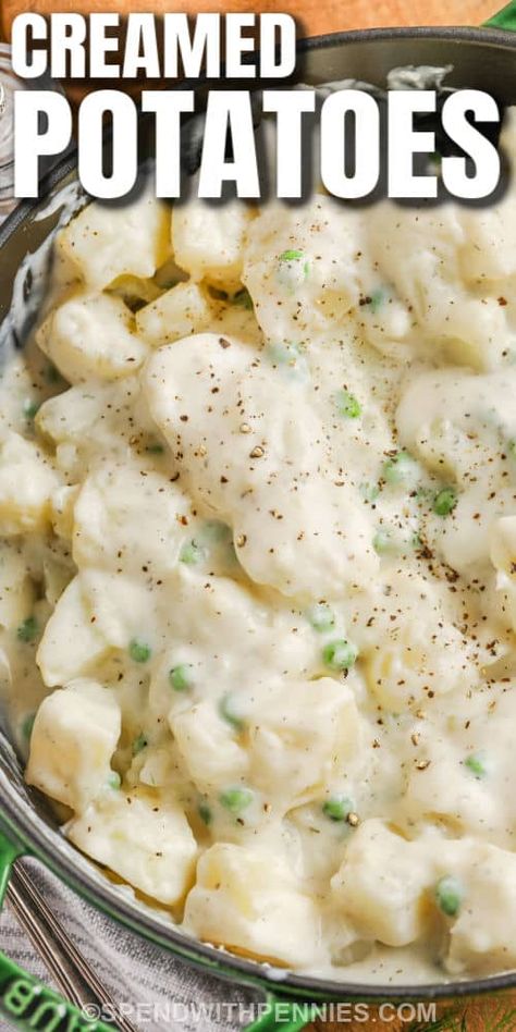 For an old-fashioned comfort food favorite, try this Creamed Potatoes recipe. Serve it with peas or without, for the ideal holiday side dish. Creamed potatoes are perfect for add-ins like cheese or bacon and mushroom. Turn it into a chicken and broccoli casserole with sour cream or serve it as a soup by adding extra cream. Any way it is served, this yummy side dish is always welcome at the table. #creamedpotatoes #spendwithpennies #creamedpotatoesandpeas #oldfashionedcreamedpotatoes Fresh Green Peas Recipes, Creamed Vegetables, Pea Salads, Cream Potatoes Recipe, Potatoes And Peas Recipe, Creamed Peas And Potatoes, Side Veggies, Thanksgiving Hosting, Rv Cooking