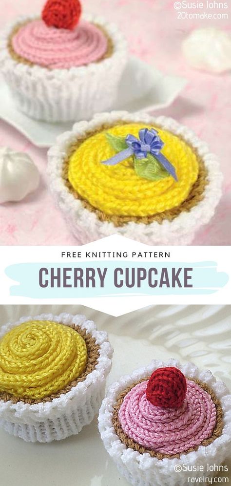 Cupcake Knitting Pattern Free, Knitted Cupcakes Free Pattern, Knitted Cakes Ideas, Knit Cupcake Free Pattern, Crochet Cupcake Pattern Free, Knitted Cupcakes, Postbox Toppers, Crochet Cookies, Novelty Crochet