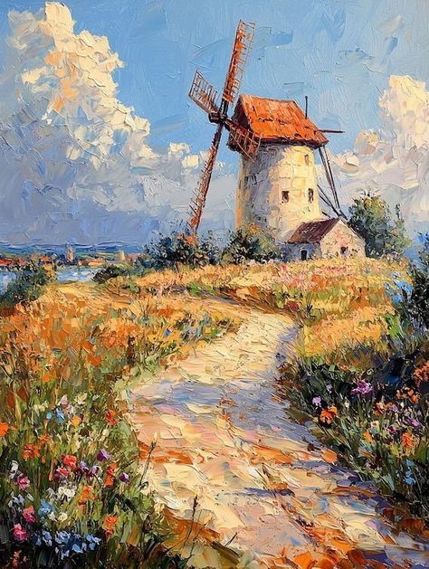 Impressionist Dutch Windmill Canvas Print | Amsterdam Holland Art | Custom Wall Art | Beautiful Home Decor | Unique Digital Download by CustomCanvasCurators Feeling the Dutch vibes with this stunning 'Dutch Windmill' artwork! 🎨 Capturing the golden sunrise and lush greenery, it's like a little piece of Amsterdam right here. The Impressionist style brings out the beauty in the everyday, reflecting the nostalgia and history of these iconic windmills. Such a serene and nostalgic piece, it's li... Holland Painting, Moulin A Vent, Amsterdam Painting, Windmill Painting, Dutch Paintings, Windmill Landscaping, Holland Art, Holland Windmills, Dutch Windmill