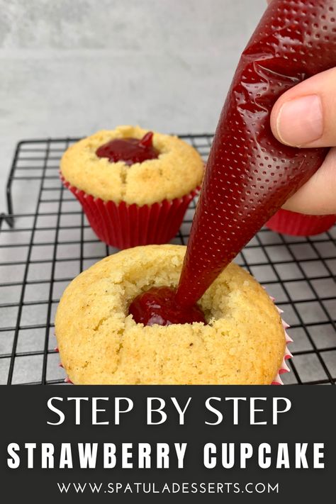 Homemade Strawberry Cupcakes With Strawberry filling and whipped cream frosting are bursting with natural strawberry flavor in every bite and are made completely from scratch! No box mix needed, my recipe is super easy and will take your through the baking process step by step with tons of baking tips along the way. This this homemade strawberry and cream cupcakes, the perfect summer dessert idea Vanilla Cupcakes With Strawberry Filling, Strawberry Cupcake Filling Recipe, Strawberry Cupcakes With Filling, Strawberry Cupcakes Decoration, Strawberry Cupcake Filling, Cupcakes With Filling Inside, Strawberry Filling Recipe, Strawberry Filling For Cupcakes, Decorative Strawberries