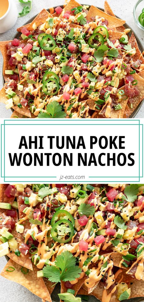 Whether you are preparing for a Summer BBQ or making Game Day appetizers, these Tuna Poke Nachos are crunchy and full of bold flavor. Ahi Poke Appetizer, Tuna Poke Tacos, Poke Tuna Tacos, Ahi Tuna Poke Appetizers, Tuna Poke Appetizer, Poke Tacos Recipe, Tuna Poke With Wonton Chips, Ahi Tuna Wonton Nachos, Fish Nachos Recipes