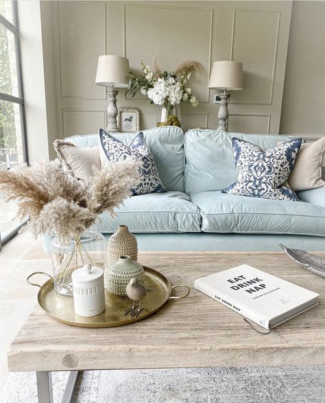 Beachy Couches Sofas, Light Blue Farmhouse Living Room, Pale Blue Sofa Living Room Ideas, Duck Egg Blue Sofa Living Room Ideas, Living Room Designs Light Blue, Duck Egg Sofa, Sage Green And Light Blue Living Room, Light Blue Couch Living Room Decor, Light Blue Sofa Living Room Ideas Decor