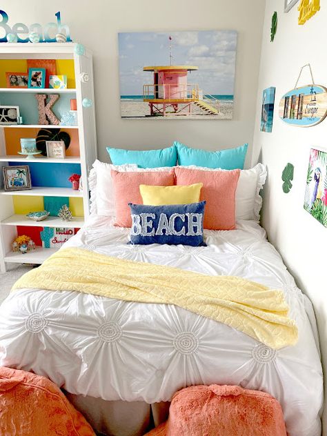 Teen Girl Beach Themed Bedroom Inspiration + Decorating Tips | BellaGrey Designs Girls Ocean Themed Bedroom Room Ideas, Summer Themed Room Bedrooms, Beach Aesthetic Decoration, Beach Rooms Teenage, Aesthetic Beach Themed Bedroom, Beach’s Bedroom, Island Themed Bedroom, Bright Beachy Bedroom, Yellow Beach Bedroom