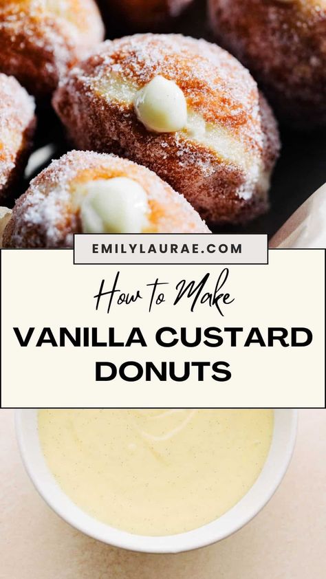 Custard Filled Doughnut, Custard Donuts Recipe, Custard Donuts, Pandesal Recipe, Cream Filled Donuts, Vanilla Pastry Cream, Fair Foods, Donut Filling, Easy Donuts