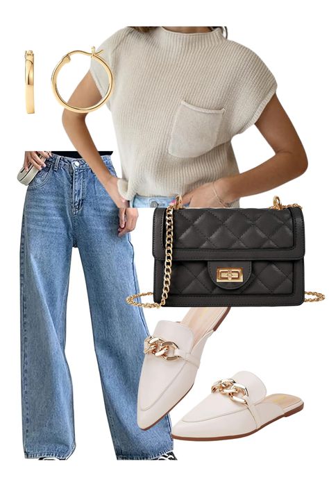 Create a timeless fall look with this chic Amazon outfit! The neutral sleeveless sweater pairs perfectly with wide-leg jeans, a quilted crossbody bag, and sleek chain-detail mules. Complete the look with classic gold hoop earrings for a polished finish. Shop each item on Amazon now! As an Amazon Affiliate, I earn from qualifying purchases.n
#falloutfits #falloutfitinspo #amazonfinds Mules Outfit, Outfit For Everyday, Build A Capsule Wardrobe, Tan Vest, Little Life, A Little Life, Quilted Crossbody Bag, Sweater Boots, Classic Gold