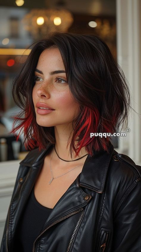 Black Hair with Red Highlights: Perfect Combo for Edgy Vibes Brown Hair Colored Money Piece, Dark Hair With Red Ends, Red Hair Color On Short Hair, Highlight For Short Black Hair, Dark Red Balayage Short Hair, Black Hair With Bright Colors, Black Hair With Orange Peekaboo, Vivid Red Balayage Hair, Reverse Hair Color