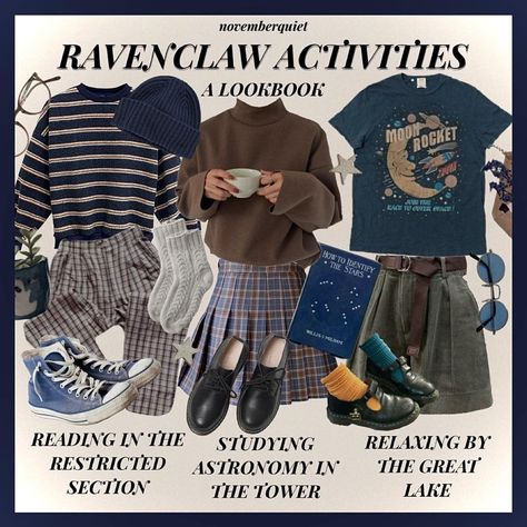 claire • 18 on Instagram: “first up: ravenclaw!! i love the whole thing ravenclaws have going on, you guys are the best and blue and bronze are the coolest colors for…” Gifts For A Ravenclaw, Ravenclaw Scarf Aesthetic, Ravenclaw Fall Outfit, Ravenclaw Fashion Aesthetic, Blue Acedamia Outfits, Modern Ravenclaw Outfit, Harry Potter Outfit Ideas Ravenclaw, Harry Potter Aesthetic Outfits Ravenclaw, Ravenclaw Uniform Aesthetic