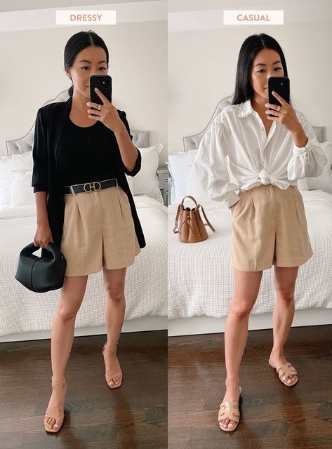 Sharing a petite-friendly pair of tailored mid-length shorts and how I'm styling them for the summer to fall transition season. Pleated Shorts Outfit, Petite Outfits Summer, Petite Summer Outfits, Fashion Style Tips, Skirt Outfit Summer, Extra Petite, Shorts Outfits Women, Summer Shorts Outfits, Smart Outfit