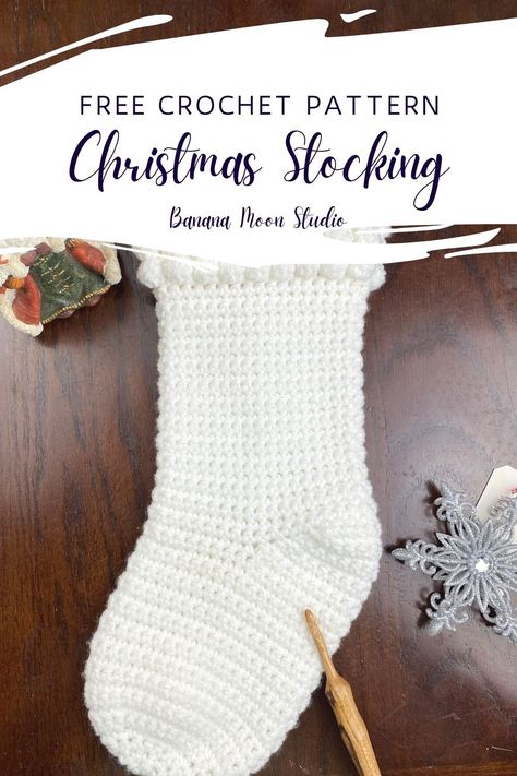 Simple and elegant white crochet stocking pattern from Banana Moon Studio. The pattern is written in standard US terms. Crochet this simple stocking to hang by the fireplace as part of your holiday decor. Would look beautiful with farmhouse or boho decor. Crochet Stocking Pattern Free, Christmas Stocking Crochet Pattern, Christmas Stocking Pattern Free, Stocking Pattern Free, Simple Stocking, Crochet Christmas Stocking Pattern, Crochet Stocking, Crochet Christmas Stocking, Crochet Xmas