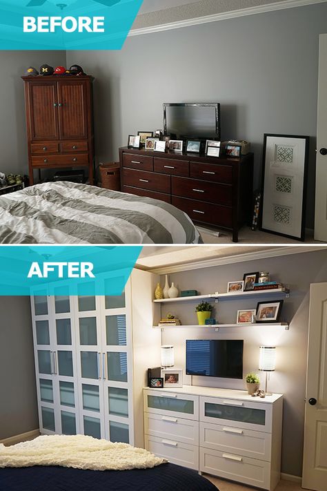 Matt and Adri lacked storage space in their bedroom! Matt desperately needed a large space to store his clothing, shoes and hats – so the IKEA Home Tour Squad customized a PAX wardrobe to help him store everything! Additional BRIMNES dressers added extra storage to their bedroom. Ikea Home Tour, Built In Shelving, Small Guest Bedroom, Small Bedroom Storage, Small Space Bedroom, Small Bedroom Designs, Small Room Design, Tiny Bedroom, Small Room