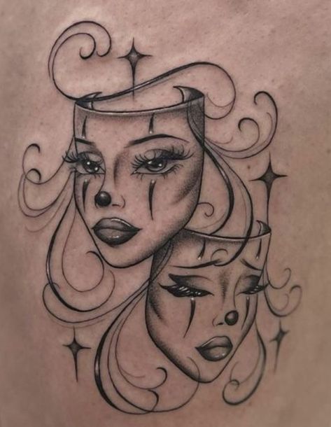 Smile On Hand Tattoo, Thespian Masks Tattoo, Mask Tattoos For Women, Cool Face Tattoos, Masks Tattoo, Best Female Tattoos, Tattoo Ideas Female Shoulder, Thigh Piece Tattoos, Tattoos On Hand